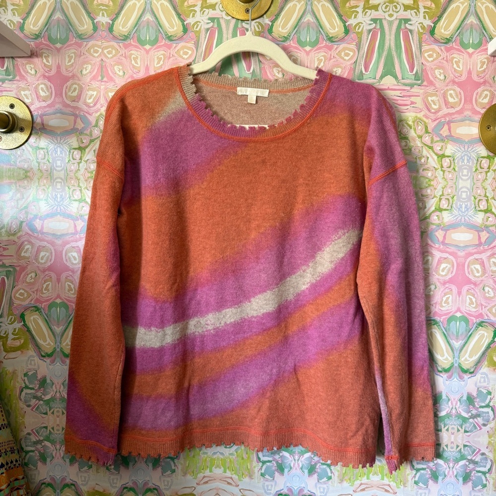Lisa Todd Cashmere Wool Pink Orange Crewneck Sweater Fringe Hem